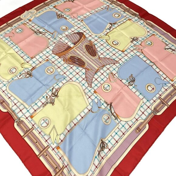 Auth HERMES Carre 90 - Cream Red Light Blue Silk Scarf - Picture 2 of 5